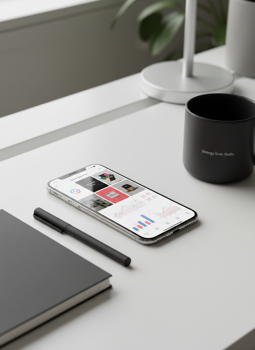 A sleek glass and brushed aluminium smartphone lies on a clean white desk, its screen glowing with a carefully curated social media grid of vibrant brand imagery, analytics charts and scheduled posts. Around it are neatly arranged props: a minimalist notebook with a charcoal-grey cover, a matte black pen, and a subtle branded mug with “Strategy Scale Studio” in small, refined lettering. Soft daylight from a nearby window washes across the desk, creating gentle reflections on the phone’s surface and faint, directional shadows. Photographed at eye level with a shallow depth of field, the phone display is in razor-sharp focus while the background melts into a soft bokeh. The mood is professional, organised and forward-looking, with photographic realism and a clean, modern aesthetic that conveys strategic clarity in social media planning.