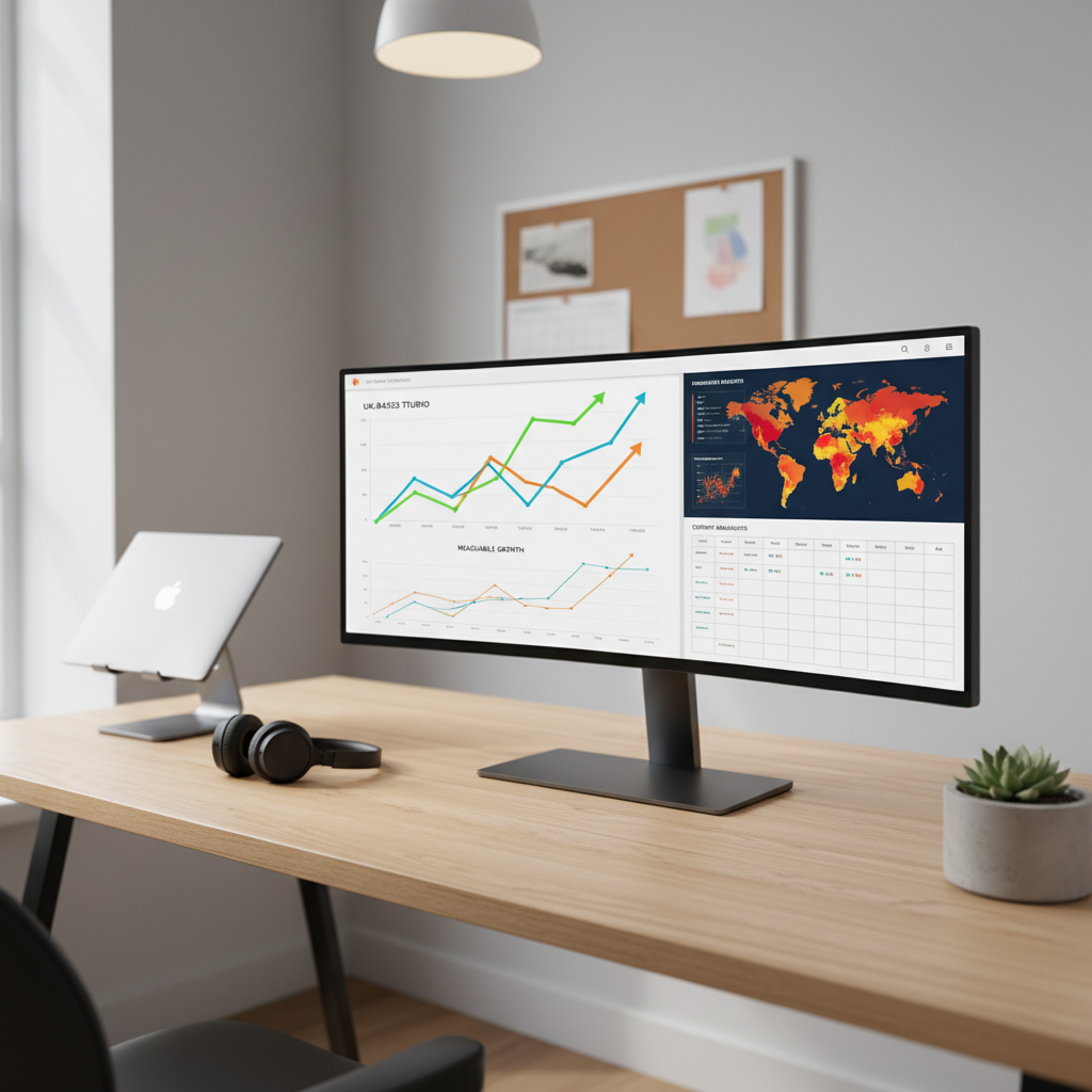 A large ultra-wide computer monitor on a light oak desk displays a colourful, data-rich social media analytics dashboard, with growth graphs rising steadily, engagement heatmaps, and a content calendar neatly aligned. Beside the monitor sits a closed silver laptop, a pair of wireless over-ear headphones, and a small potted plant in a concrete pot adding a touch of greenery. The scene is set in a bright, contemporary office corner with a pale grey wall and a pinboard in soft focus behind. Natural midday light spills through an unseen window, enhanced by subtle overhead lighting, producing crisp, even illumination and minimal shadows. Captured from a slightly elevated angle with balanced composition, the image feels calm, strategic and confident, reflecting a professional, UK-based social media studio delivering measurable growth.