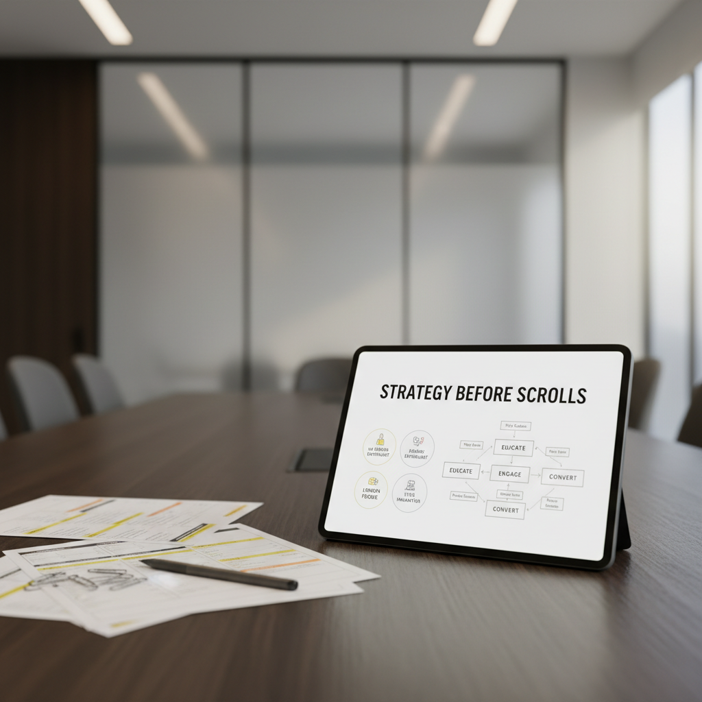 A vertical mockup of a social media strategy presentation is displayed on a slim tablet with a black bezel, propped on a dark wood conference table. The tablet screen shows a crisp slide with UK market-focused audience personas, a content pillar diagram, and a bold headline reading “Strategy Before Scrolls.” Beside it lie printed worksheets with neatly highlighted sections, paper clips, and a graphite mechanical pencil. In the blurred background, a large frosted-glass panel hints at a modern meeting room. Warm, diffused overhead lighting and a soft glow from a nearby window combine to create balanced, neutral illumination, with subtle reflections on the tablet glass. Photographed at a three-quarter angle using the rule of thirds, the scene feels composed, intelligent and client-ready, underscoring the studio’s emphasis on clear, strategic planning for UK businesses.