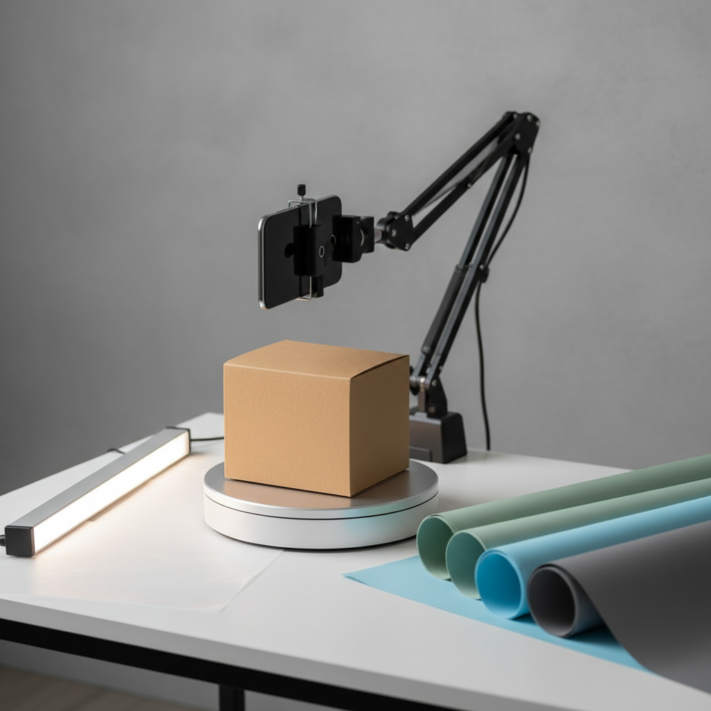 A compact studio setup for a product-focused content shoot is arranged on a matte white tabletop: a small rotating platform holds a minimalist, unbranded packaging box in soft kraft brown, surrounded by interchangeable coloured backdrops rolled to the side in muted blues and greens. An adjustable arm holds a smartphone in landscape mode above the platform, aligned perfectly for shooting. To the left, a slim LED light bar casts bright yet diffused illumination, softened further by a translucent panel, creating crisp highlights and clean, shadowless edges. The background fades into a neutral, softly textured wall in cool grey. Captured from a slightly elevated side angle in photographic realism, the composition balances technical precision with creative flexibility, evoking the process of crafting scroll-stopping social content for modern UK brands.