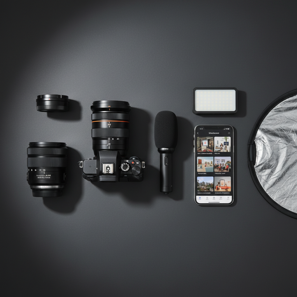 An array of high-end camera equipment is neatly laid out on a smooth charcoal backdrop: a full-frame mirrorless camera body with a matte black finish, two prime lenses with detailed focus markings, a compact LED light panel, a directional shotgun microphone, and a foldable reflector with silver and white sides visible. A modern smartphone on the side shows a storyboard of short-form social content concepts. A narrow beam of soft studio lighting from the top left creates defined yet gentle shadows, highlighting the textures of rubber grips, metal lens rings and brushed finishes. Shot from directly above in a flat lay composition, every object is meticulously spaced for visual harmony. The atmosphere is purposeful and creative, emphasising scroll-stopping content shoots with photographic realism and a precise, professional aesthetic.